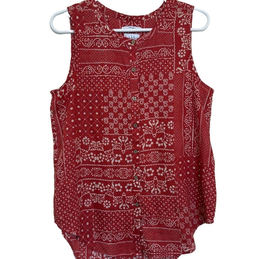 Nicole Miller 100% Linen Bandana Print Sleeveless Top Red Boho Western Size S